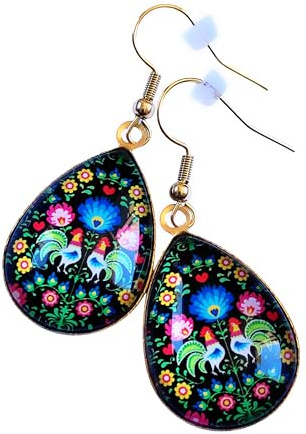 Boucles d'Oreille Gouttes Motifs Broderies Folklorique Noir Rouge Slave Fleurs en Acier Inoxydable Or