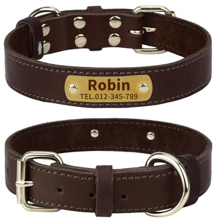 TagME Hundehalsband Personalisiert aus Leder mit Eingraviertem Hundename und Telefonnummer, Hundehalsband aus Echtem Leder für Große Hunde