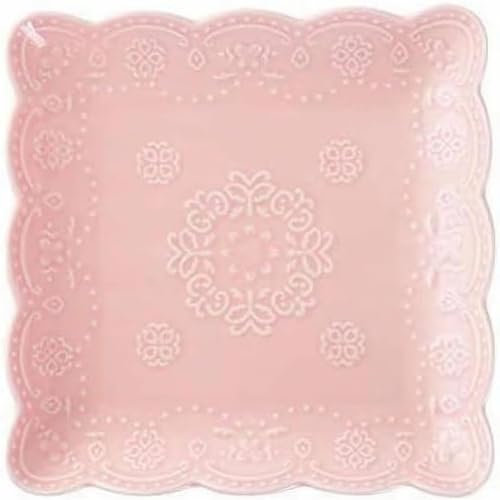 YBK Tech Elegant Square Embossed Lace Plate, Ceramic Serving Plate for Breakfast Afternoon Tea (Pink, 8-inch)