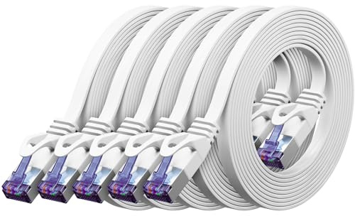 deleyCON 5x 1m Cable Red Plano CAT7 (CAT 7 con 10 Gbit/s) Gigabit LAN - RJ45 Ethernet Patch Largo Plano - para Internet Switch Router Modem Patchpanel - Blanco