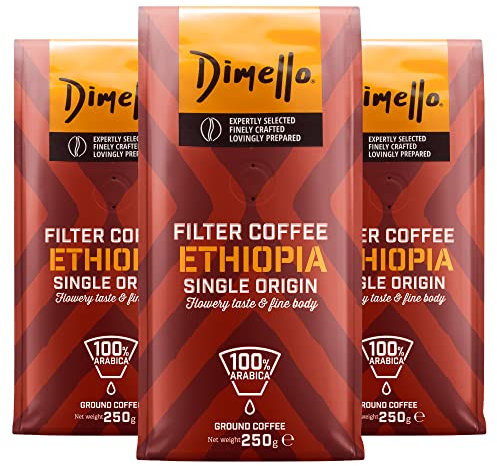Dimello Ethiopia – Strong Arabica Ground Filter Coffee 750g (250 x 3) - Flowery Taste & Fine Body – Single Origin, Light Roast, Ethiopia (Ethiopia, 750g)