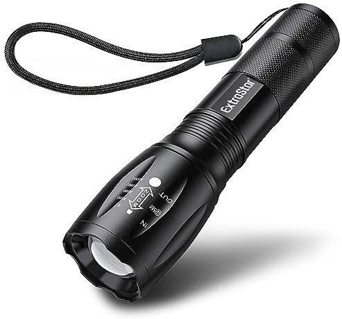 EXTRASTAR LED Torch Battery Powered, Zoomable Torches Adjustable Focus Led Bright Flashlight, 5 Modes Mini Tactical Torch for Camping, Hiking, Power Cut, 1 Count