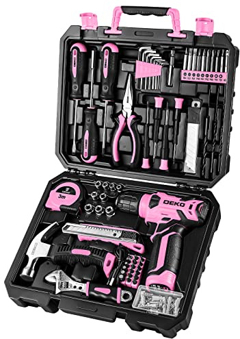 DEKOPRO Drill Set, Home Tool Set with 8V Pink Cordless Drill, Hand Tool Kit for Women, 126 pcs