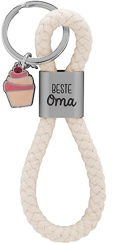 GRUSS & CO Schlüsselanhänger Loop Motiv Oma | Anhänger bestehend aus einer geflochtenen Schlaufe, mit Motivdruck Beste Oma, mit Cupcake-Charm | 48351