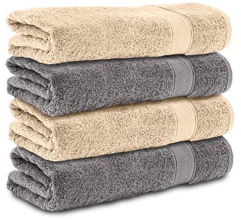 Komfortec 4 duschhanddukar 70 x 140 cm set av 100% bomull, 470 g/m², frotté, mjuk, antracit grå/beige | Mjuk och mycket absorberande, stor storlek, antracit/beige