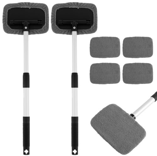 2 Set Car Windscreen Cleaner Extendable Car Windshield Cleaning Tool Car Window Cleaner with 4 Reusable Microfiber Pads Car Windshield Cleaner Tool for Car Exterior and Interior Glass Home Office