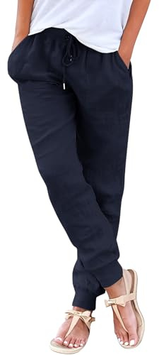 Yuson Girl Pantaloni Donna Pantaloni Lino Donna Estivi Larghi Elastico Eleganti Pantaloni Gamba Dritta Tinta Unita Casual da Spiaggia Leggeri Comodi con Tasche Coulisse(Marino, M)
