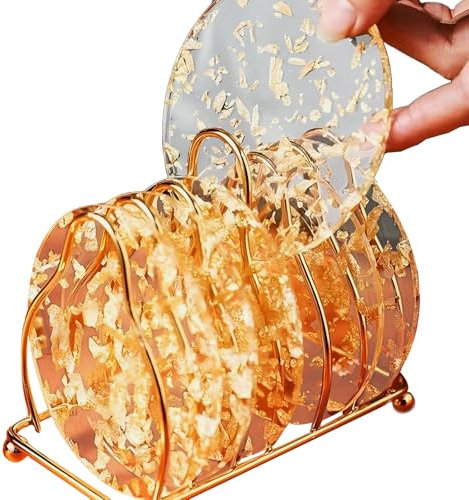 sottobicchieri trasparenti, 6 sottobicchieri rotondi in acrilico con lamina d'oro, tovagliette doraterotonde in lamina dorata, Sottobicchiere in resina Eleganti, per Cena di Famiglia