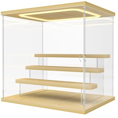 Nynelly Vitrina de Acrílico con Luz LED para Colecciones, 4 Niveles Caja Vitrina Expositora, con Puerta y Escalones, Antipolvo Caja Organizadora para Figuras, Funko Pop, Modelos, Color Madera