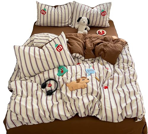 ED-Lumos Funda Nórdica Cama 90cm Juego de Ropa de Cama ４ Piezas Funda de edredón 150x200cm Sábana encimera 180x230cm Funda de Almohada 48x74cm Poliéster marrón Rayas con Perrito
