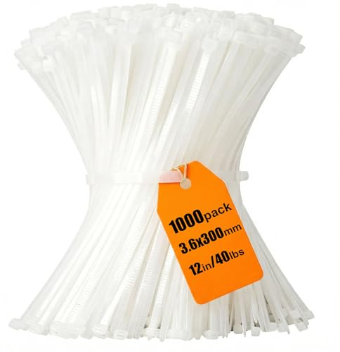 Cable Ties 1000 Pack, 12inch White Zip Ties, 300 x 3.6mm Nylon Tie Wraps Tensile Strength 40lbs with UV Resistant, Plastic Ties Self Locking Large Heavy Duty Cable Wrap for Tidy Wires Garden Workshop
