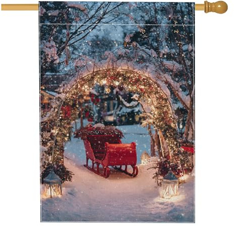 Bandiera da giardino invernale del paese delle meraviglie, con slitta rossa innevata, decorazione per esterni, bandiera su entrambi i lati, in iuta, decorazione per prato, 71 x 101 cm