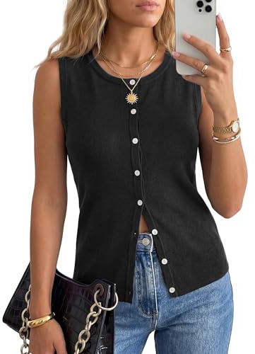 Arach&Cloz Women's Tank Top Wool Blend Knitted Vest Tops with Functional Button Sleeveless Basic Casual Jumper(Black, L)