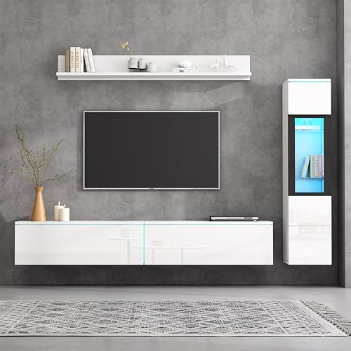 Generisch Ensemble mur TV 3 pièces avec éclairage LED, finition laquée blanche, meuble de salon, meuble TV blanc