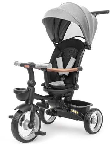 UBRAVOO Baby Tricycle,7 in 1 Foldable Trike for Kids age 10M+ to 5 Years,Headlights.1-Step Brake Folding Pedal, Extended Canopy, Detachable Guardrail (Gray-Black)
