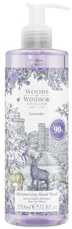 Woods of Windsor Lavender Hand Wash, Moisturising Soap with Notes of Patchouli and Musk, Liquid Hand Soap with Pump to Help Soften and Moisturise Skin, Lavender Scent 350ml