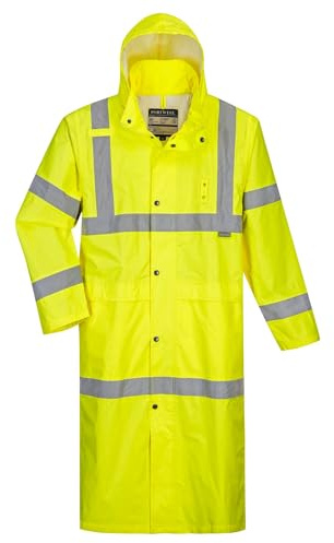 Portwest H445 Men's Waterproof Hi Vis Raincoat - Reflective Lightweight Long Rain Jacket with Hood Safety Workwear ANSI Class 3 Yellow, Medium