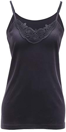 Maria Angel Ladies Plain Camisole Cotton Vest Top Lace Trim Neck Design Cami Tank Strappy (1000) (Large 12-14, Black)