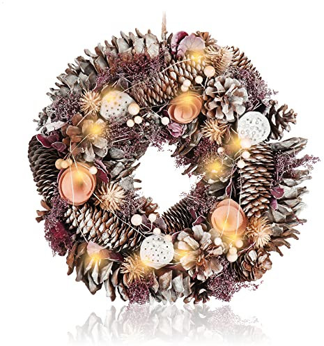 COM-FOUR® Corona per porta a LED con timer - Corona dell'Avvento con illuminazione a LED, pigne e fiori rosa - Decorazione natalizia - Corona natalizia con 12 LED bianco caldo