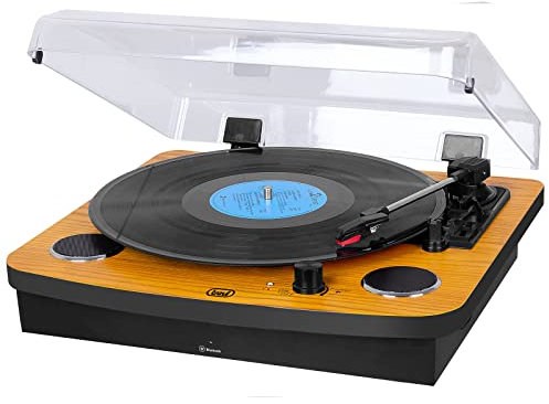 Trevi TT 1022 BT Giradischi con Mobile in Legno, Connettività Audio Wireless, 2 Altoparlanti Incorporati, AUX-IN e Uscita RCA, Lettore Vinili 33/45/78 Giri