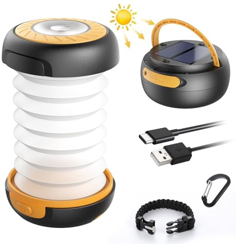 GlobaLink LED Campinglampe Faltbare Solar Camping Laterne Energienbank mit 2 Lademethoden (Solar/USB) und 3 Lichtmodi für Camping, Angeln, Notfall -inkl. Survival Armband mit Pfeife(Gelb)