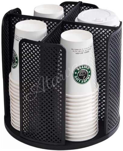 Rotatable Coffee Cup Dispenser with 4 Compartments, Atavarna Cups and Lids Holder for 5-16oz Cups Organizer for Restaurant, Coffee Station, Bar, Office, Home-9.25 x 9.25 x 8.66