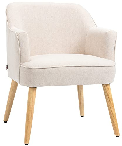 HOMCOM Butaca de Salón Moderna en Lino con Patas de Madera 120kg Crema | Sillón Lectura Tapizado, Reposabrazos Acolchado Grueso, Almohadillas Ajustables, para Dormitorio Oficina Estudio