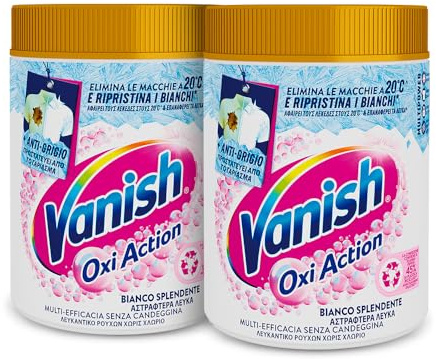 Vanish Oxi Action Multipower Polvere Bianco Splendente, Smacchiatore per Capi Bianchi, 2 Confezioni da 1 kg di Smacchiatore per Bucato, Additivo Lavatrice Multiazione senza Candeggina