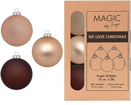 Weihnachtskugeln Glas 10cm x 6 Stück in Kartonbox Christbaumkugeln Set beige braun matt Calm Grove
