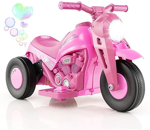 GYMAX Kids Electric Motorbike, 6V Ride on Motorcycle with Bubble Maker, Music, Headlights, Forward & Backward, 3 Wheels Children Motor Bike for 3 Years Old+ Boys Girls (Pink), 81 x 36 x 43 cm