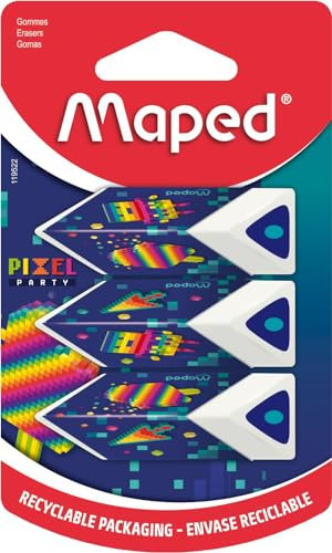 Maped - Lot de 3 Gommes Pyramides - Apporte Précision et Confort - Gomme Blanche - Gamme Pixel Party - Emballage recyclable