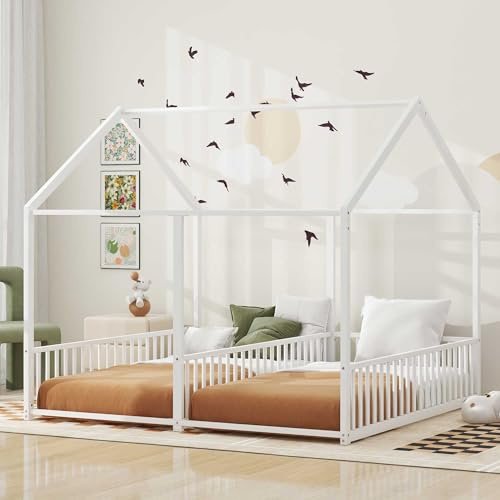 Double Floor Bed for Twins,Twin Size House Bed for 2 Kids,Two Shared Beds,Twin House Platform Beds,Metal Floor Bed Frame with Rails for Girls,Boys(White)