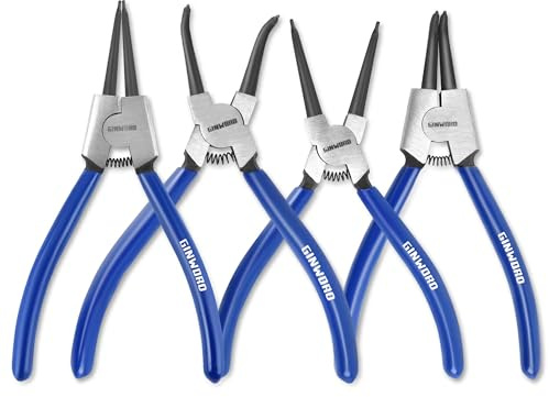 GINWORD 7-inch 4 Pcs Snap Ring Pliers Set, Circlip Pliers Kit, Straight/Bent Jaw, Internal/External Heavy Duty C Clip Pliers for Ring Remover Retaining,Blue