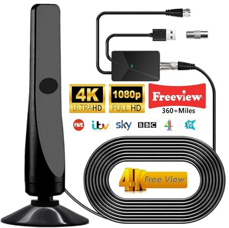 2025 Upgraded TV Aerial, Freeview Indoor TV Aerial 600+ Miles Long Range Reception, TV Antenna with Amplified Signal Booster, Portable Aerial for 4K 1080P HD Freeview Local Channels and All TV
