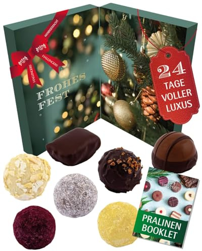 Hallingers Genuss Manufaktur Veganer Pralinen Adventskalender mit & ohne Alkohol – 24 handgemachte vegane Schoko Pralinen aus Edelkakao - Süßigkeiten Geschenk Erwachsene - Weihnachtskalender 2025