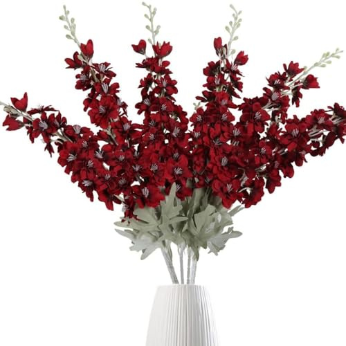 OUKEYI 6 fiori finti delphinium in seta, 85,1 cm, fiori artificiali a stelo lungo, per vasi alti, decorazione per la casa, matrimoni e feste (rosso brillante)