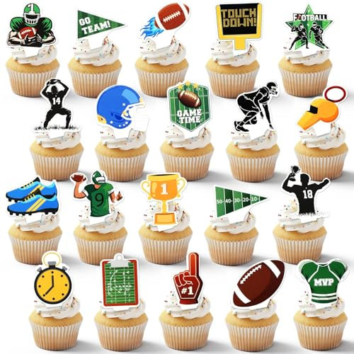 SEPGLITTER 60Pcs Football Cupcake Toppers 20 Styles Rugby Ball Cupcake Toppers Touchdown Player Cake Decorations for Football Sports Game Football Theme Birthday