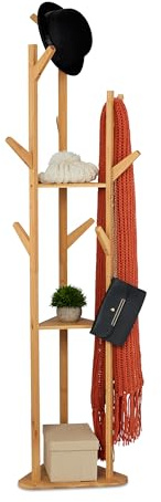 Relaxdays Garderobenständer dreieckig, mit 9 Haken, Bambus, 2 Ablagen, Standgarderobe, HBT: 168,5 x 47 x 47 cm, Natur