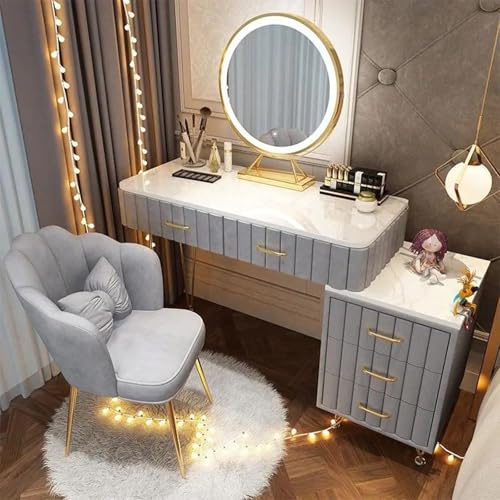 AnYaBinni Tavolo da Toeletta con Specchio LED, 3 Colori Luci Regolabili, Moderno Toilette Trucco con 5 Cassetti, Sedia in Velluto con Schienale per Camera da letto, 80/100 * 40 * 76 cm