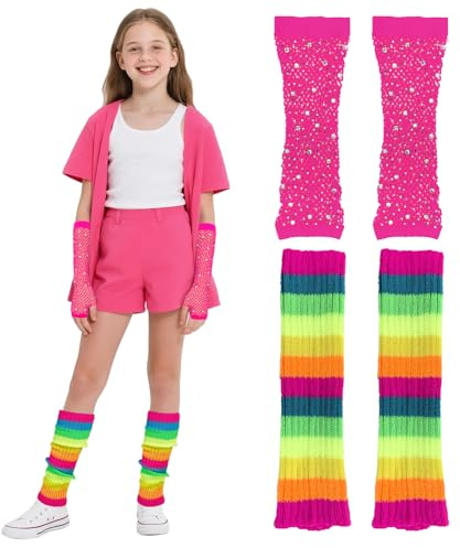 EQLEF 80s Costume Kids, Retro Neon Leg Warmers and Sparkly Fishnet Gloves Kids for 1980s Theme Party Neon Dance Party Fancy Dress (Rainbow)