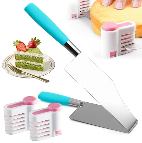 Stainless Steel Cake Cutter with Leveler Slicer, Adjustable Cake Slicer Server, Stratification Auxiliary, Ergonomic Handle, Safe Pie Pastry Slicing Tool (Blue)