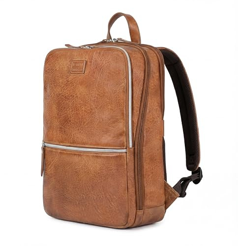 LEATHER VILLAGE Leather Laptop Backpack for Men | Camel Brown | Slim Professional Business Bag Fits 15.6”-Laptop | Water-Repellent Work & Travel Daypack with Trolley Strap