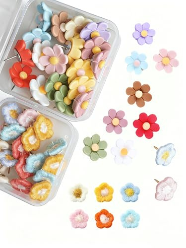 MSLSOZ Lot de 40 punaises en forme de fleur pour tableaux en liège, jolies punaises décoratives avec 2 boîtes de rangement pour tableaux d'affichage, idéales pour accrocher des affiches en carton et
