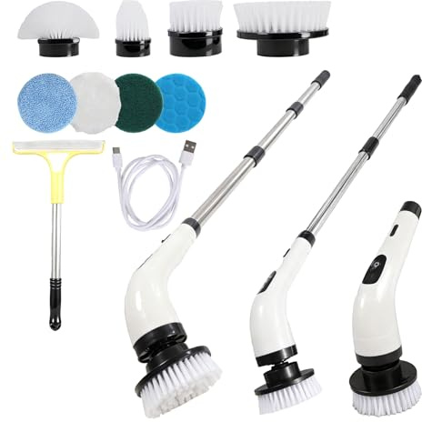 Rechargeable Electric Spin Scrubber, Waterproof Power Cleaner with 7 Brush Heads,1 Window Squeegee,2 Speeds Adjustable Long Handle for Bathroom, Floor, Shower, Tile & Kitchen Cleaning (White)
