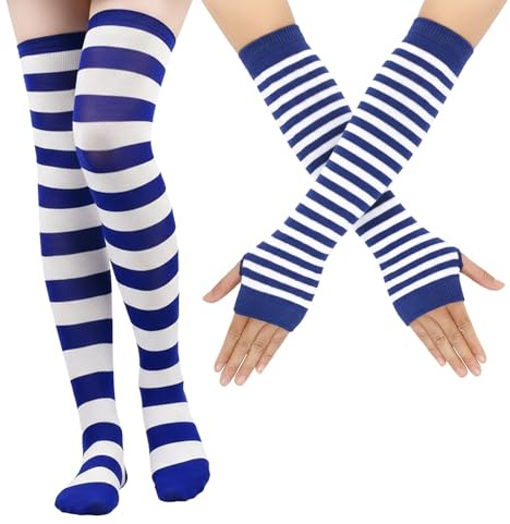 Vbxvsa Striped Handschuhe Kniestrümpfe Set Oberschenkelhohe Armstulpen Socken Gestreifte Strickhandschuhe (Blaue weiße Streifen)