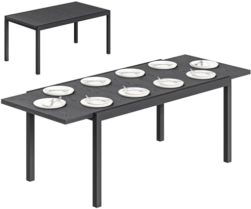 Outsunny Tavolo da giardino allungabile 154-214 cm, piano in alluminio effetto legno, tavolo da pranzo esterno robusto con gambe regolabili, mobili da terrazza 8-10 persone, grigio antracite