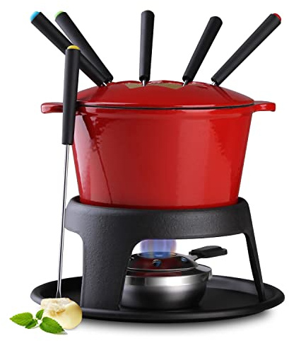 Artestia Cast Iron Cheese Fondue Pot for Chocolate Fondue Pot Swiss Fondue Set for Camping Outdoor with 6 Fondues Forks, 11-Piece Cheese Fondue Sets Serve 6 Persons (Red)