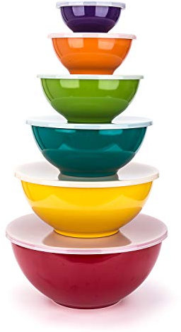 KX-WARE Melamine Mixing Bowls with Lids - 6 Piece Melamine Bowls and 6 Piece Plastic Lids, Multicolor