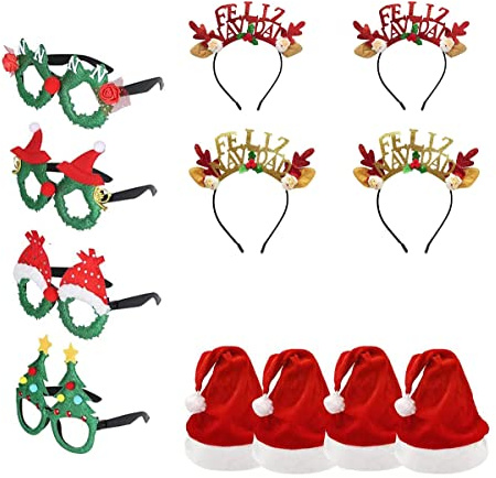Pack 12 Gorro de Papá Noel con Diademas de Navidad y Marcos de Gafas para Fiesta Año Nuevo Manualidades Accesorios de Navidad