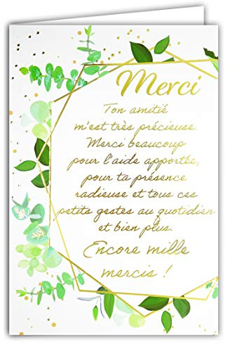 69-3053 Carte MERCI grand texte mots en dorure OR doré qui brille ; Livrée avec enveloppe couleur assortie ; Format Carte fermée 11,5x17cm ; Fabriqué en France